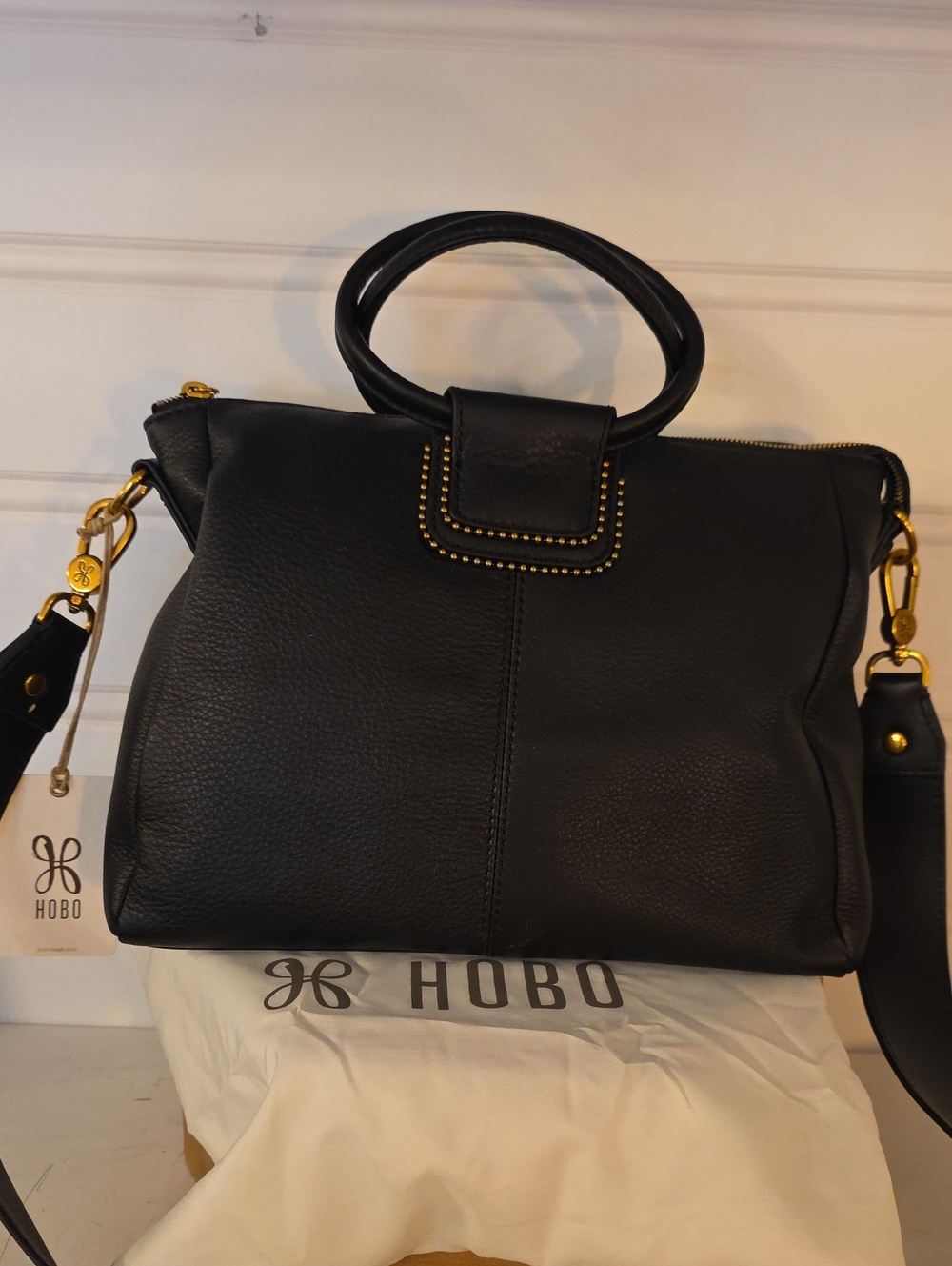 HOBO Black Leather Sheila MEDIUM Satchel with Gold-Tone Stud Accents